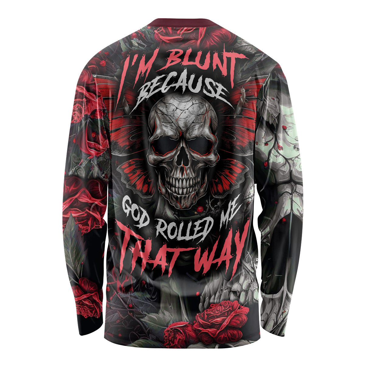 Black long-sleeve T-shirt with large skull and red graphic text, crew neck
