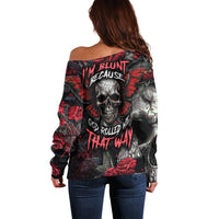 Women’s off-shoulder sweater, black long-sleeve with skull and red rose graphic on back