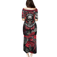 Long black off-shoulder dress with skull and red rose graphic print, back view
