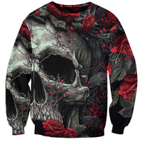 Unisex black sweatshirt with gray skeleton figure and red rose all-over print