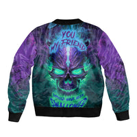 Gradient skull graphic unisex bomber jacket, black ribbed collar and cuffs, full back print
