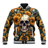 Multicolor skull and sunflower baseball jacket with snap-button front and striped ribbed cuffs
