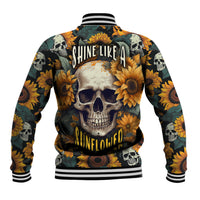Multicolor skull and sunflower baseball jacket with striped ribbed collar and cuffs