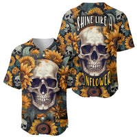 Pair of men's baseball jerseys with skull and sunflower graphics, short-sleeve button front