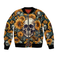 Sunflower skull bomber jacket with front zipper and black ribbed hem, multicolor print