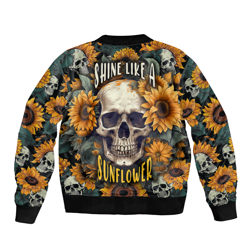 Sunflower skull bomber jacket with black ribbed cuffs, multicolor floral skull print