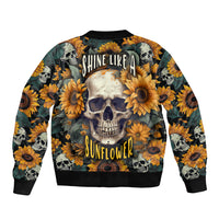 Sunflower skull bomber jacket with black ribbed cuffs, multicolor floral skull print