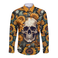 Long-sleeve button shirt with sunflower skull front graphic on dark fabric, yellow collar