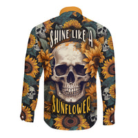 Long-sleeve button shirt with black sunflower skull back graphic and “Shine Like A Sunflower” print
