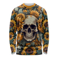 Unisex long sleeve shirt with large skull face surrounded by sunflower blooms, multicolor