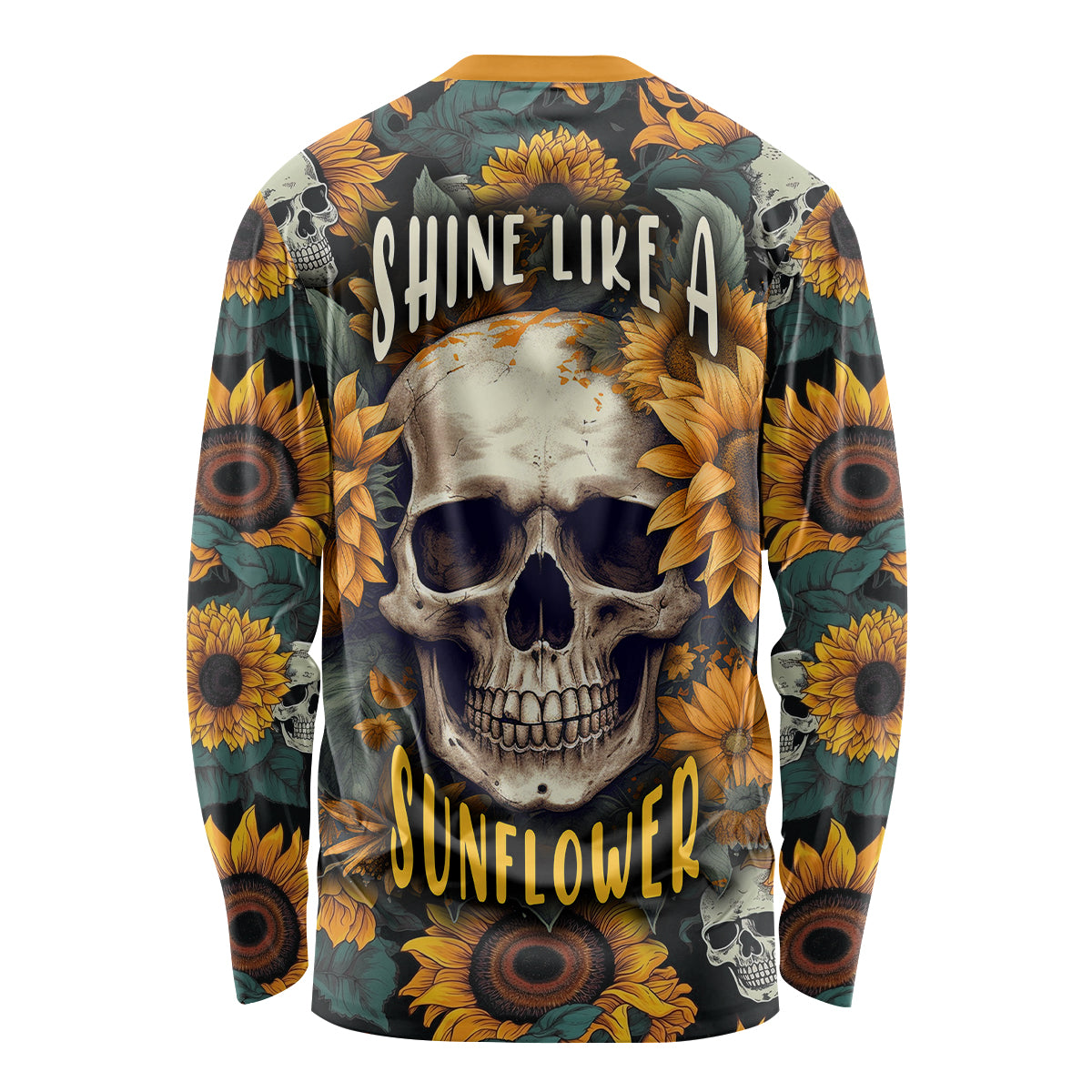 Unisex long sleeve shirt with skull graphic, sunflowers, and dark multicolor print