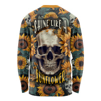 Unisex long sleeve shirt with skull graphic, sunflowers, and dark multicolor print