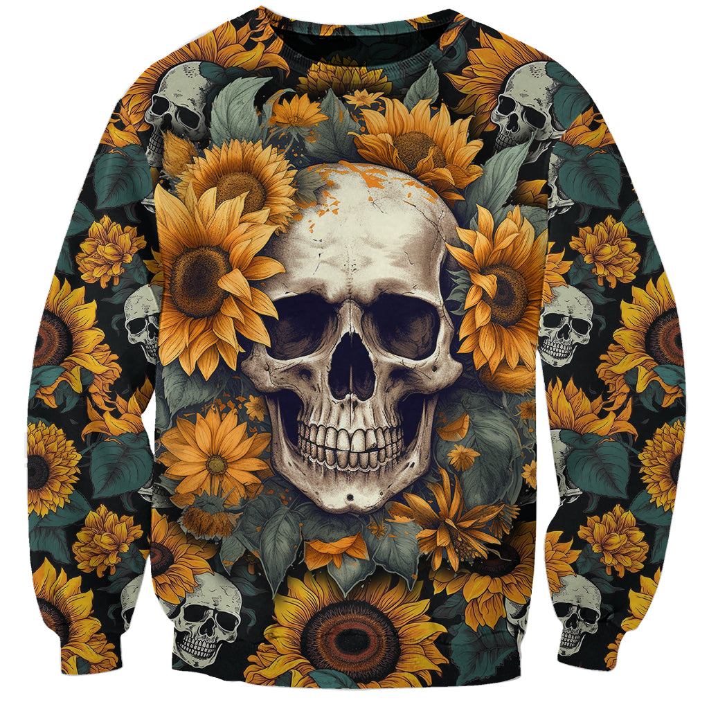 Unisex multicolor skull and sunflower crewneck sweatshirt, full graphic with large center skull