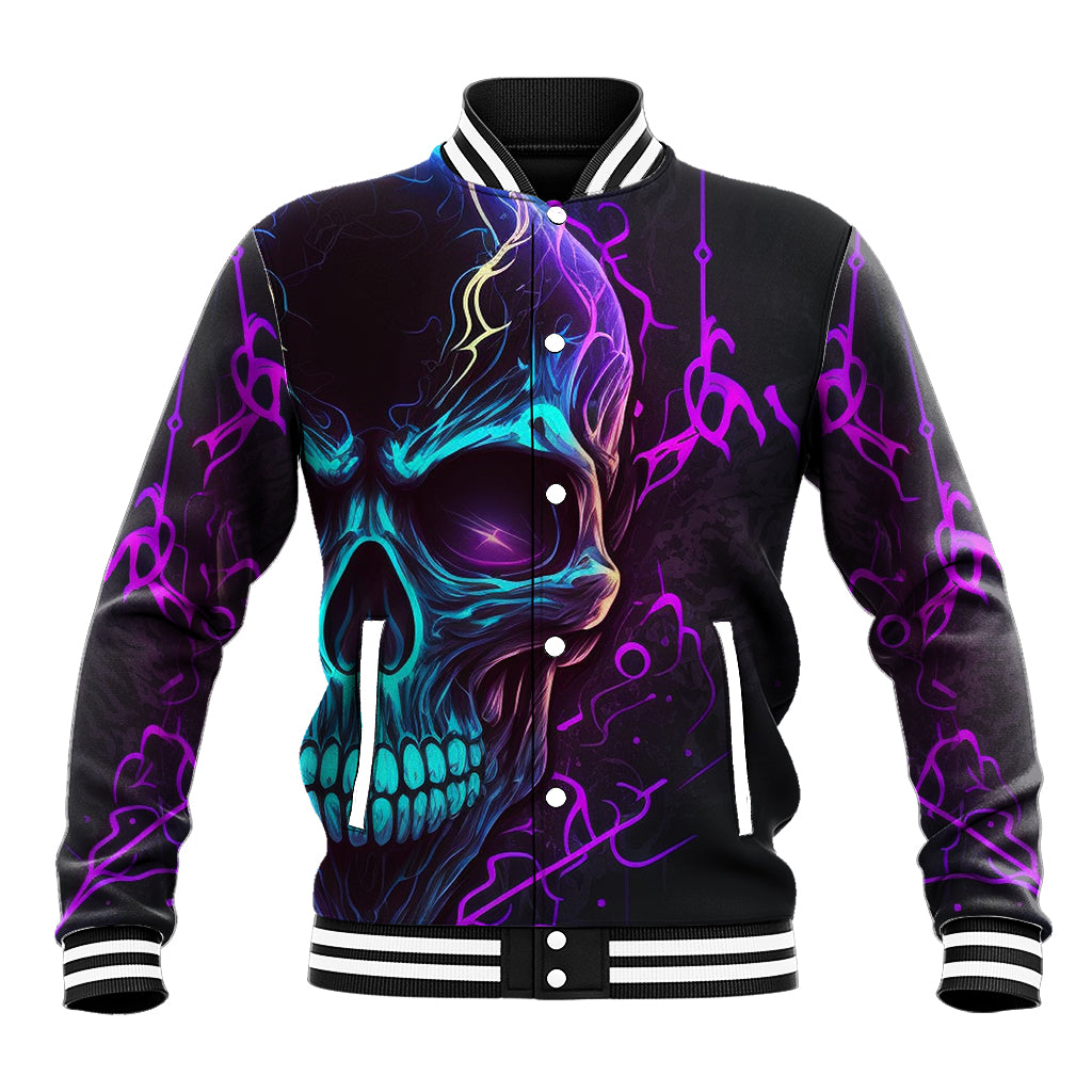 Black unisex varsity baseball jacket with front button placket and neon skull artwork
