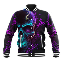 Black unisex varsity baseball jacket with front button placket and neon skull artwork