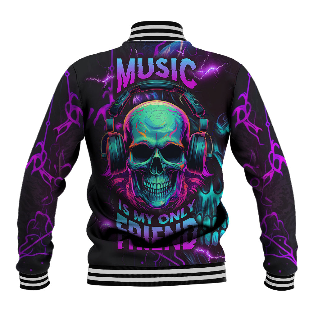 Black unisex baseball jacket with neon skull graphic, striped ribbed collar and cuffs