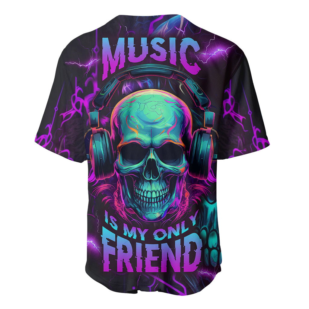 Black skull graphic baseball jersey with headphones and purple-blue neon print