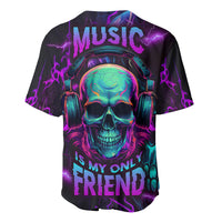 Black skull graphic baseball jersey with headphones and purple-blue neon print
