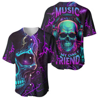 Pair of black skull graphic baseball jerseys with purple-blue neon music artwork