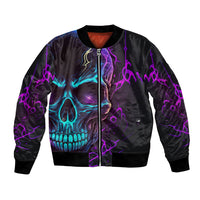 Black zip-up bomber jacket with blue-purple skull face and neon music notes