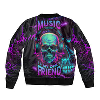 Black bomber jacket with neon skull graphic and purple music text