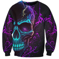 Black unisex sweatshirt with neon blue skull profile graphic and purple abstract accents