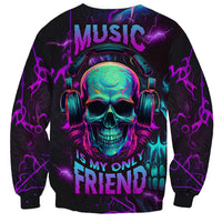 Black unisex sweatshirt with neon skull and headphones graphic, 'Music' text on front