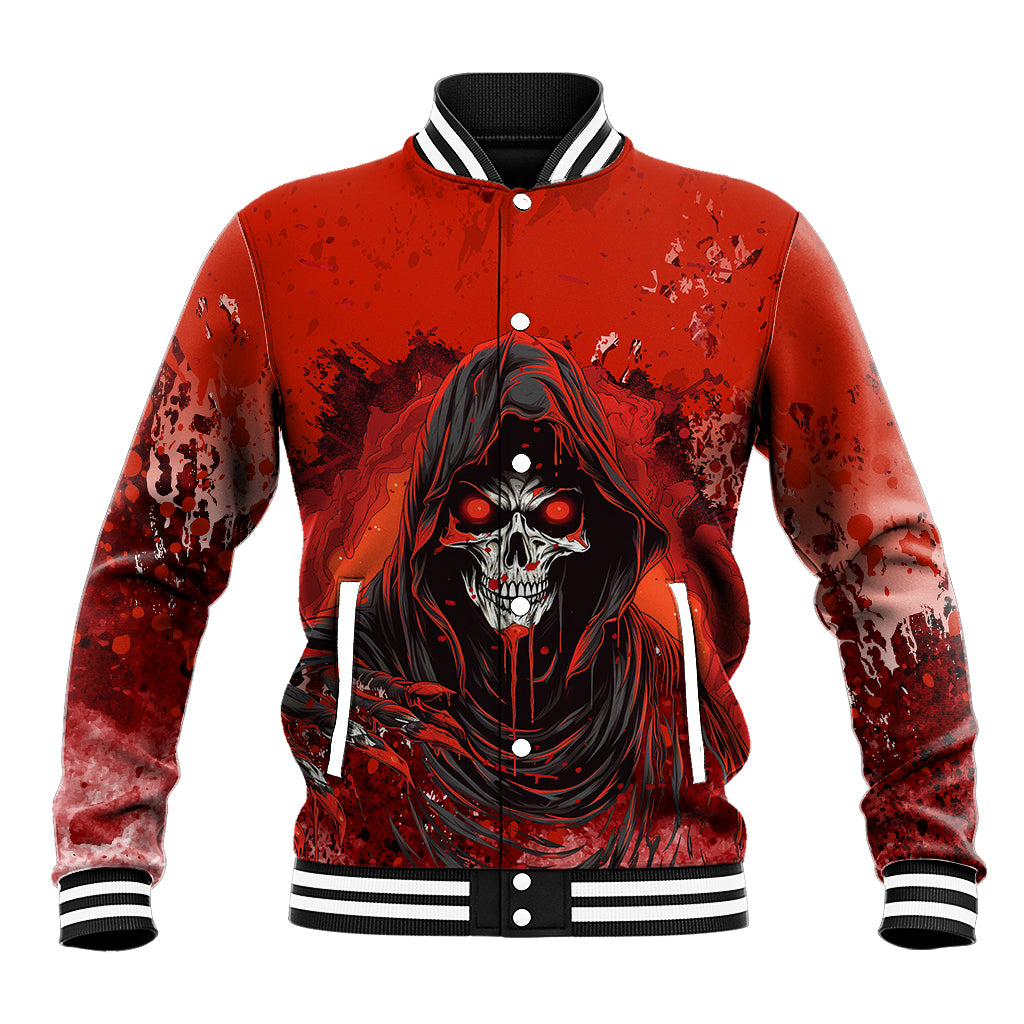 Red baseball jacket with striped rib collar and cuffs, skull graphic, front view, snap buttons
