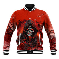 Red baseball jacket with striped rib collar and cuffs, skull graphic, front view, snap buttons
