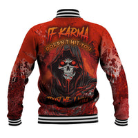 Red baseball jacket with striped rib collar, skull graphic, splatter design, back view