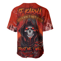 Red baseball jersey, back view with skull face and hooded woman graphic
