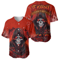 Red baseball jersey set showing front and back skull-and-hooded-woman designs