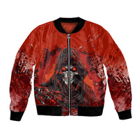 Red unisex bomber jacket with skull face graphic front, full-zip and black ribbed hem