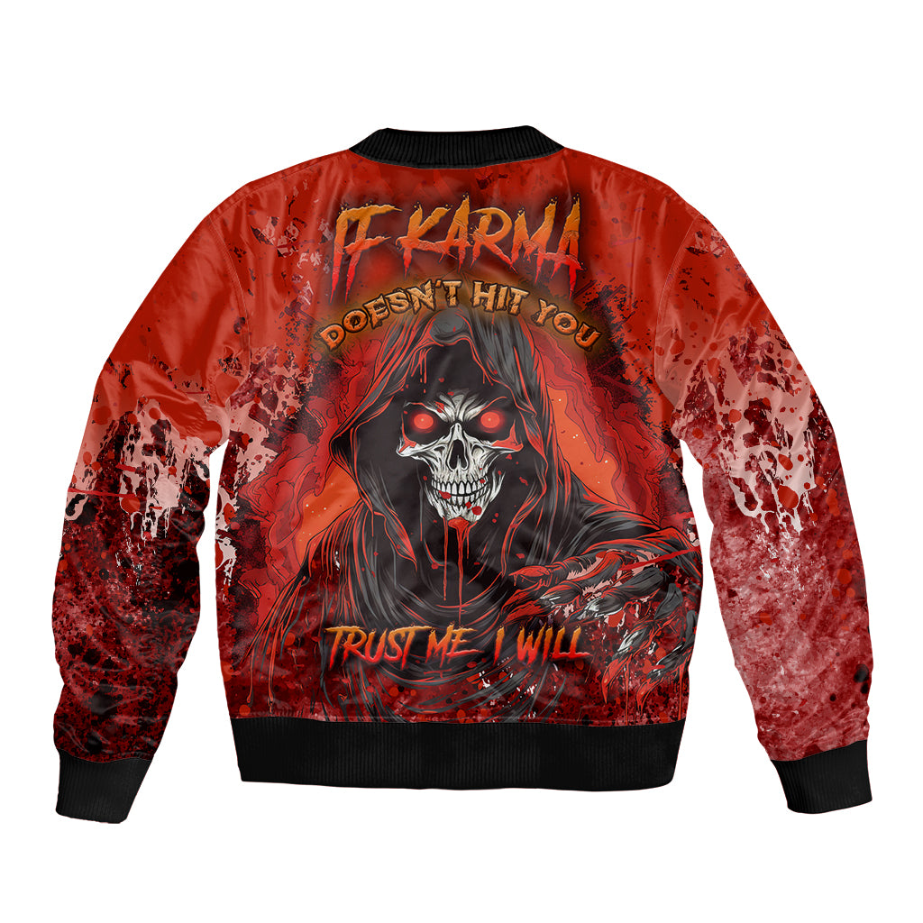 Red unisex bomber jacket with skull graphic on back and black ribbed cuffs