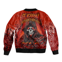 Red unisex bomber jacket with skull graphic on back and black ribbed cuffs