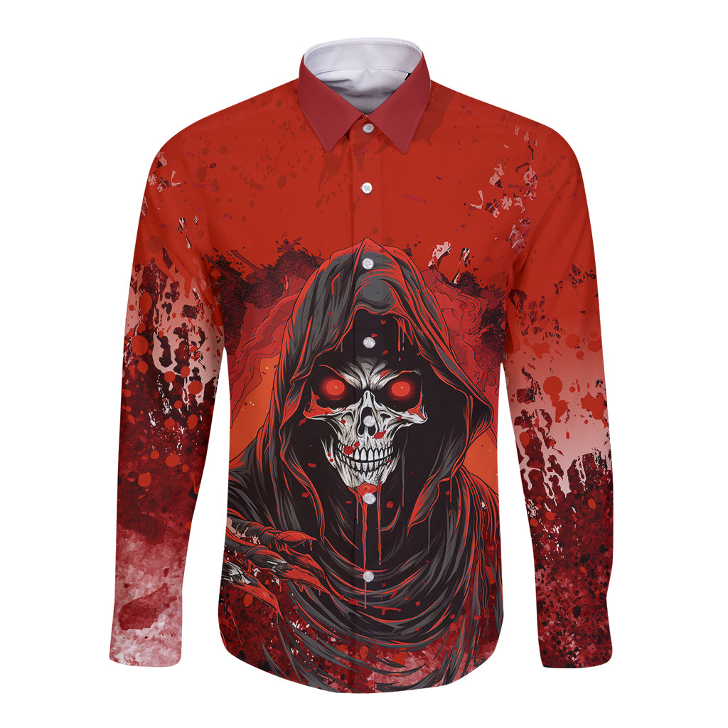 Red long-sleeve button-up shirt, front skull graphic with abstract splatter and buttons