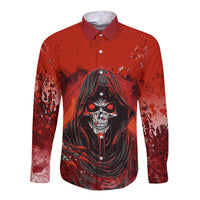 Red long-sleeve button-up shirt, front skull graphic with abstract splatter and buttons