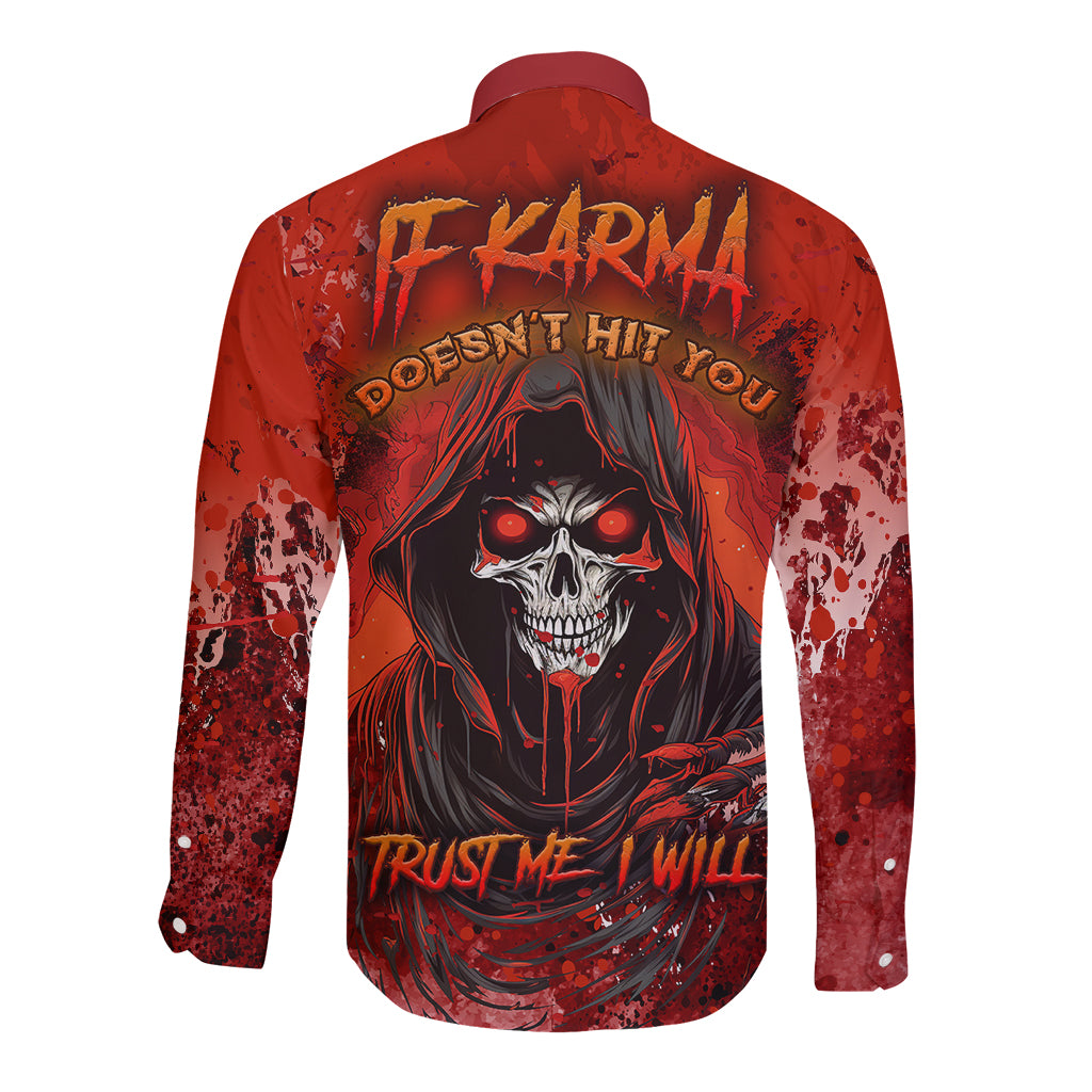 Red long-sleeve button-up shirt, back print with skull and gothic text graphic