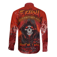 Red long-sleeve button-up shirt, back print with skull and gothic text graphic