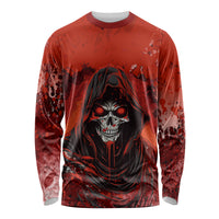 Unisex red long sleeve shirt with hooded skull graphic and sleeves splash print