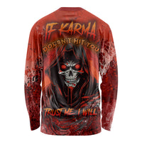 Unisex red long sleeve shirt with skull and hooded figure graphic on back