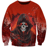 Red unisex crewneck sweatshirt with centered skull grim reaper face graphic