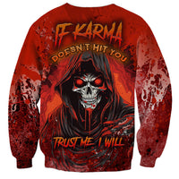 Red unisex crewneck sweatshirt with front skull grim reaper graphic and splatter sleeves
