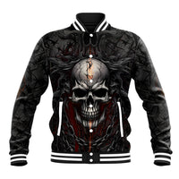 Black skull baseball jacket with striped ribbed collar and front button placket