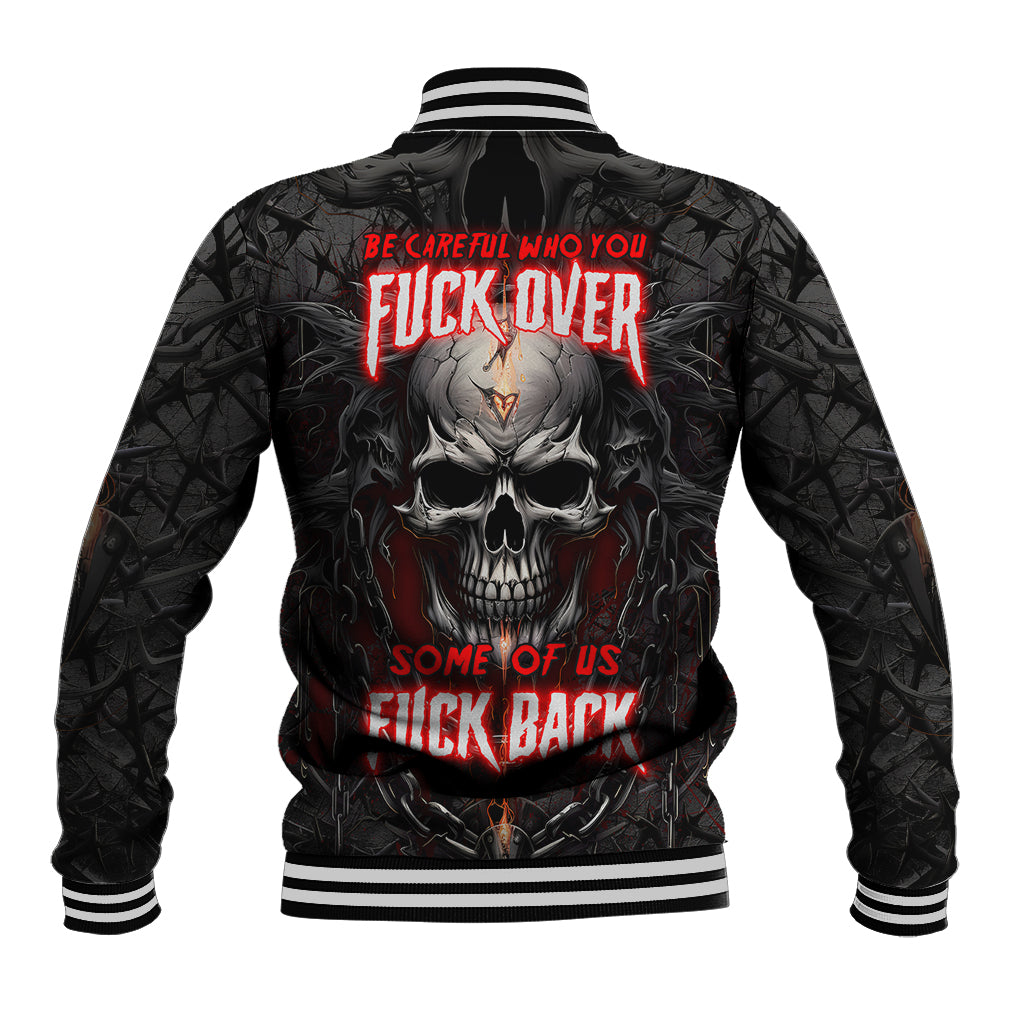 Black skull baseball jacket with striped ribbed collar and back graphic
