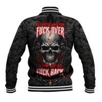 Black skull baseball jacket with striped ribbed collar and back graphic