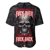 Black skull baseball jersey with red graffiti text, V-neck and button placket