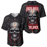 Black skull baseball jersey set of two views, red text graphic, V-neck