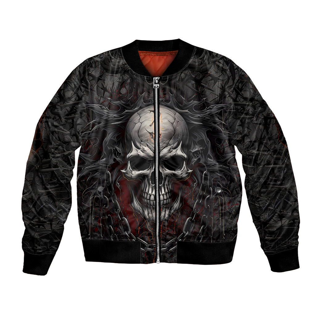 Black unisex bomber jacket with front skull print and full zip closure