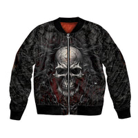 Black unisex bomber jacket with front skull print and full zip closure